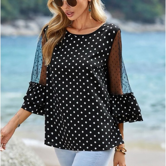 Boho Plus Size Top Sheer Mesh Swiss Dot Lace Ruffle Sleeve Blouse Shirt Black - Picture 4 of 6